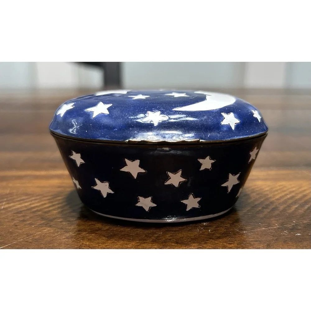 Vintage Hinged Trinket Box Cloisonne Enamel Moon Stars Celestial Numbered